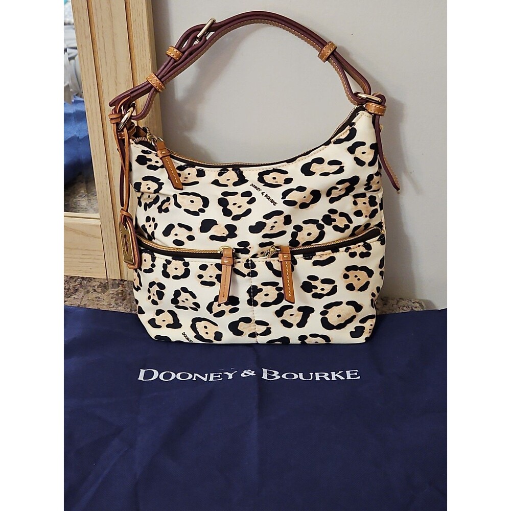 EUC Dooney & Bourke Leopard Print Canvas Shoulder Bag Handbag With Dust Bag